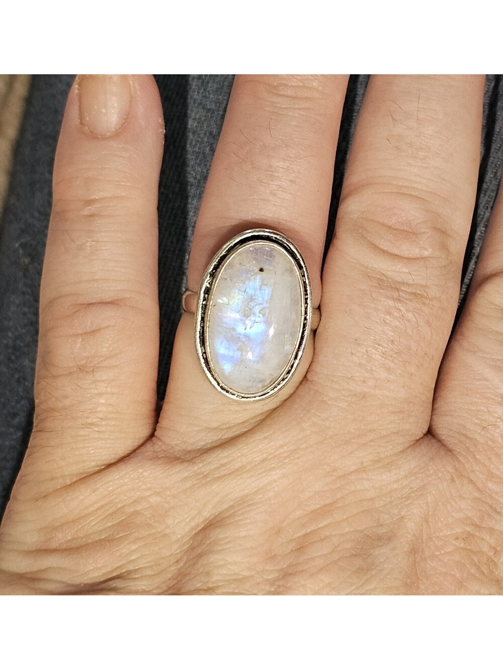Rainbow Moonstone Ring Silver tone Bezel Oval Size 8 High Flash